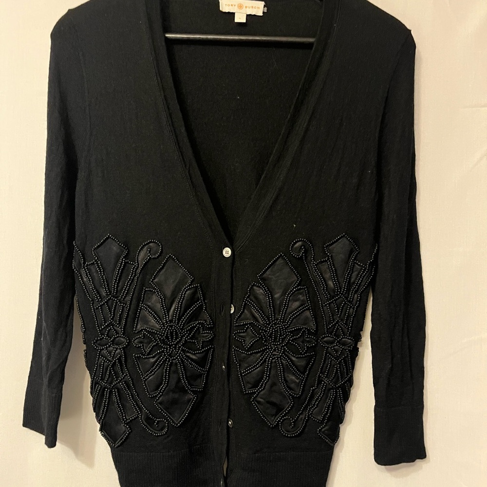 Tory Burch Black Beaded V-Neck Cardigan